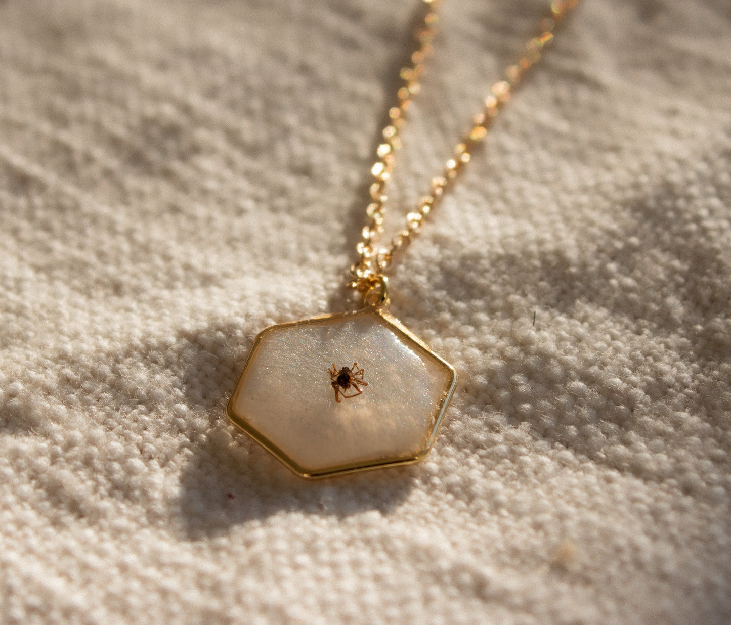 Hexagon Resin Necklace with Real Tiny Spider