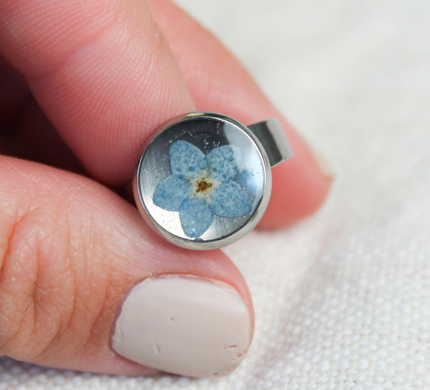 Forget-Me-Not Resin Ring with Stainless Steel Band