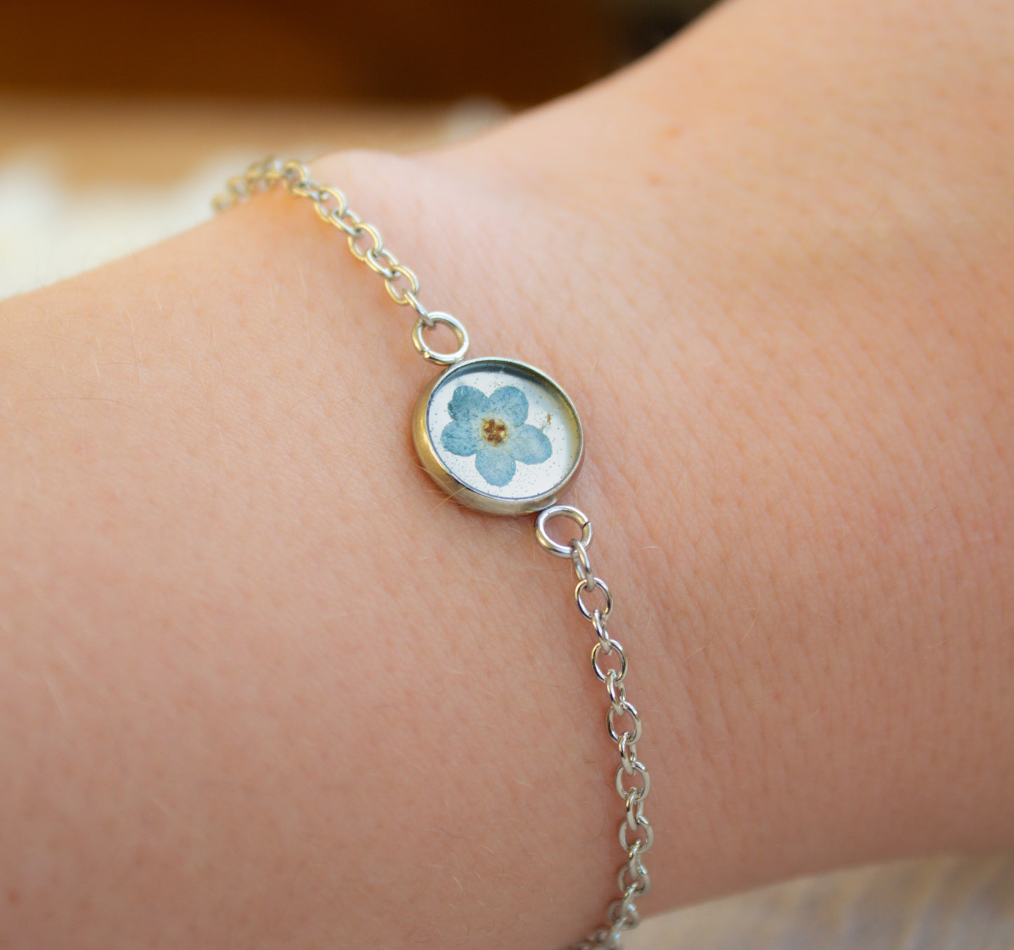 Forget-Me-Not Resin Bracelet with Adjustable Chain